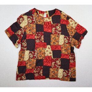 VINTAGE 90s WOMEN'S RED PATCHWORK PRINT SHORT SLEEVE BLOUSE TOP - FRAYNE - S